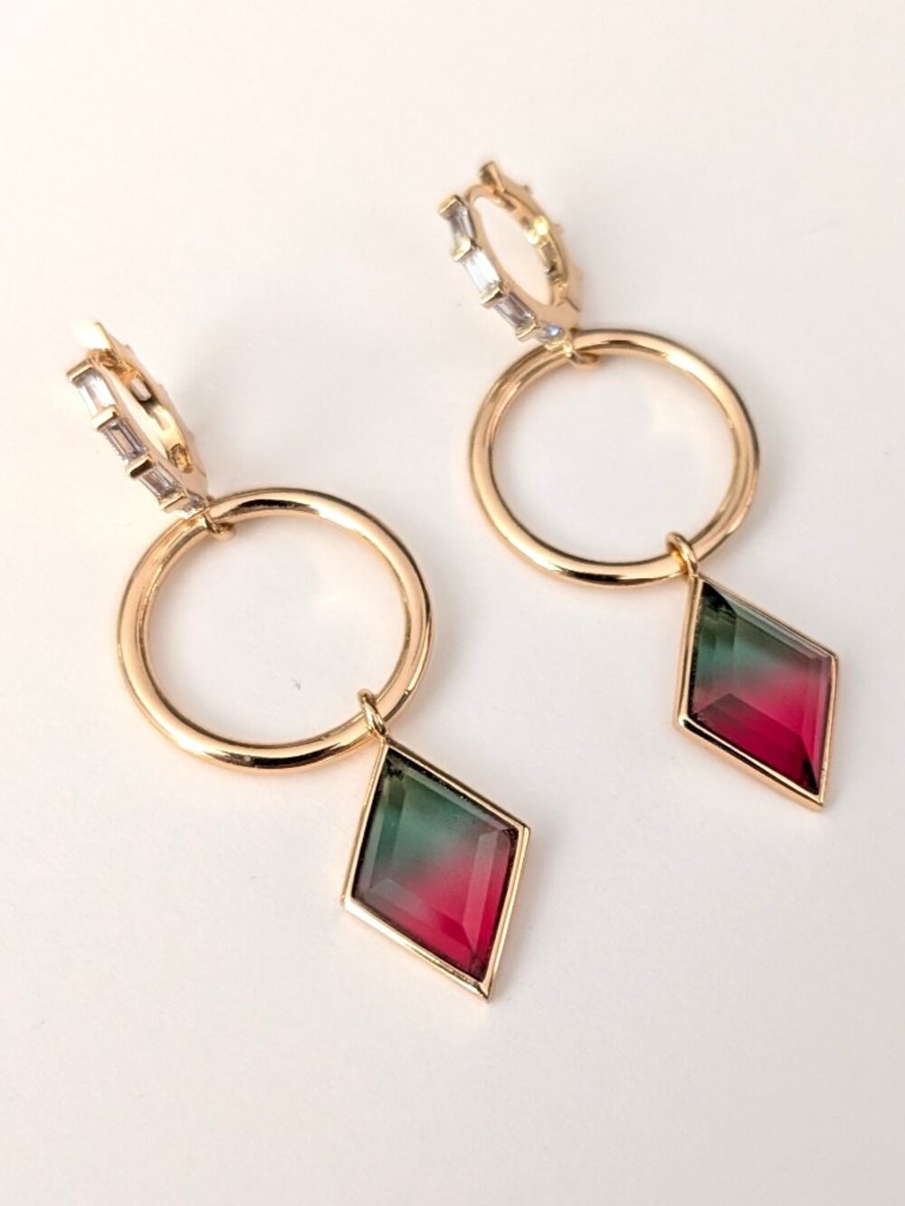 Gold tone clear crystal and watermelon crystal drop earrings